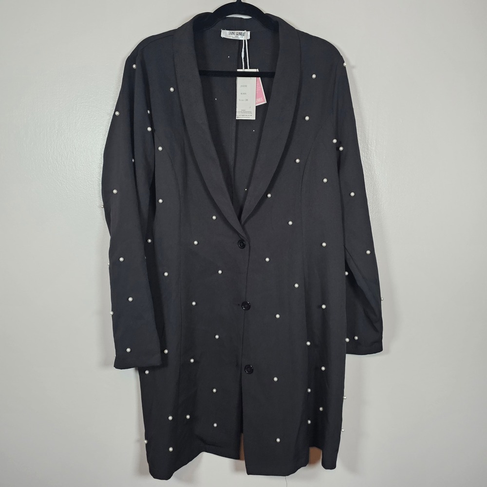 Saint Genies Black Pearl Embellished Blazer Dress JS575C US 16 Plus Size NWT